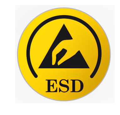 ESD koruma sembolü: sarı zemin üzerinde üçgen ve üzerine uzanan el şeklini çevreleyen açık daire.